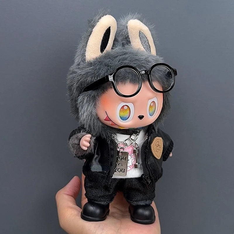 Labubu 1-3 Gen Doll Outfits High-Energy Themed Black Jacket Pants Necklace & Glasses SetChangeable Clothes for Labubu 3.0