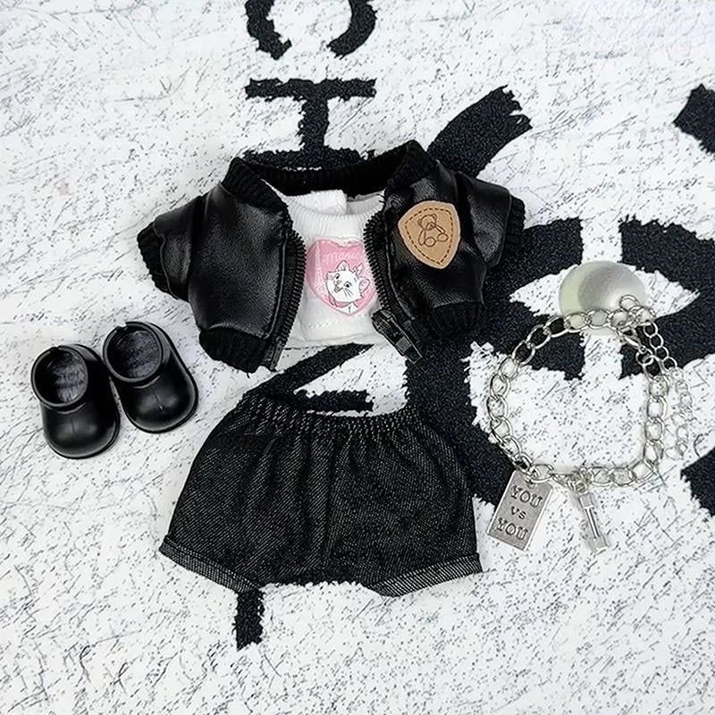 Labubu 1-3 Gen Doll Outfits High-Energy Themed Black Jacket Pants Necklace & Glasses SetChangeable Clothes for Labubu 3.0