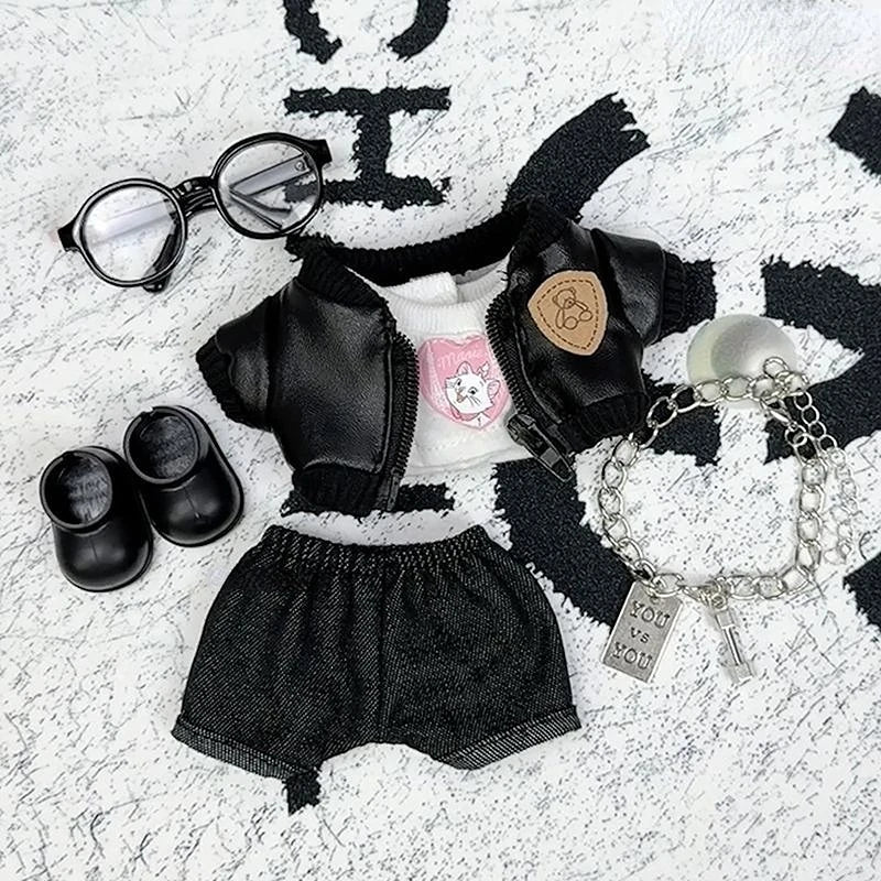 Labubu 1-3 Gen Doll Outfits High-Energy Themed Black Jacket Pants Necklace & Glasses SetChangeable Clothes for Labubu 3.0